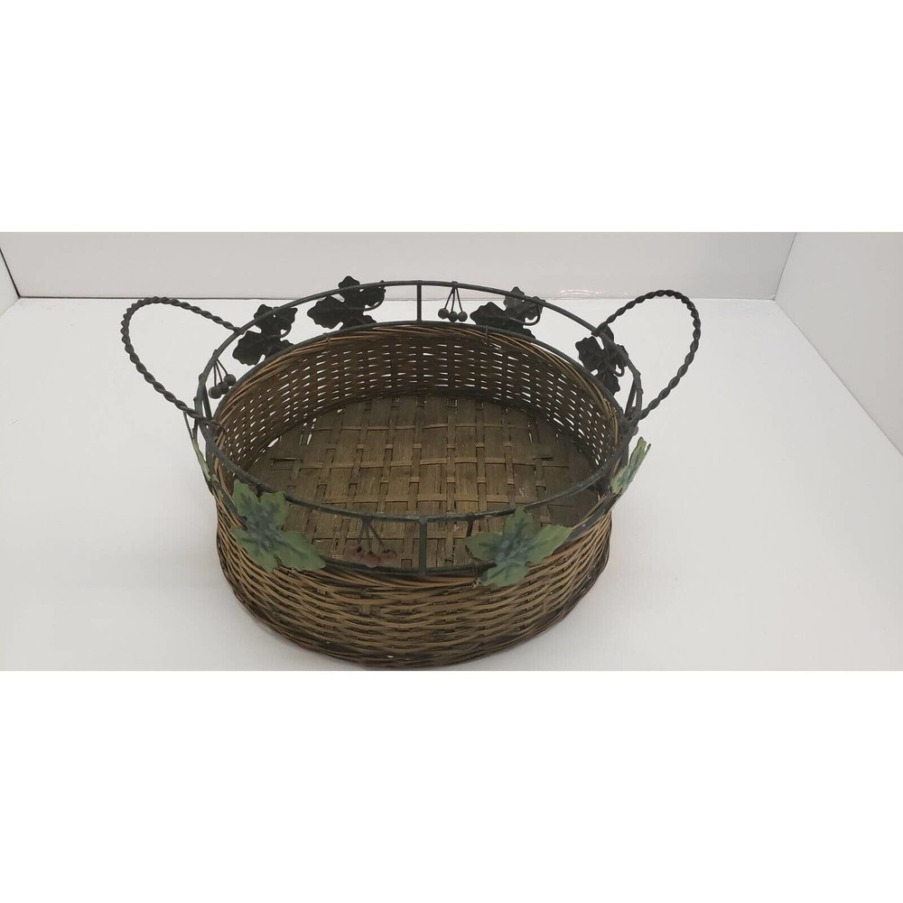 Woven round Basket w/ Fixed Metal Handle & Grape Bunches Ivy Leaf Wood Base